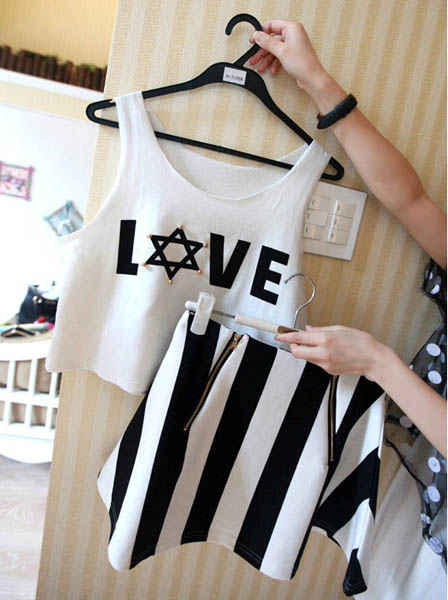  Dress set cotton shirt Skin letters LOVE. / Skirt zipper dress white vertical stripes - Black Code: ailiyo: AI-5184.