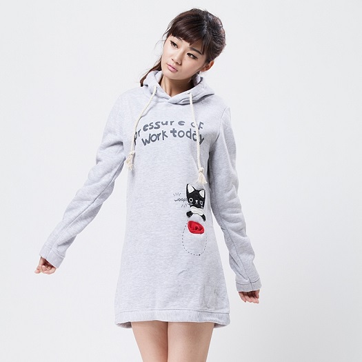  Thick cotton jacket fabric soft medium length skirt. Cartoon cat with hood, embroidered laces (gray / red / white / purple).