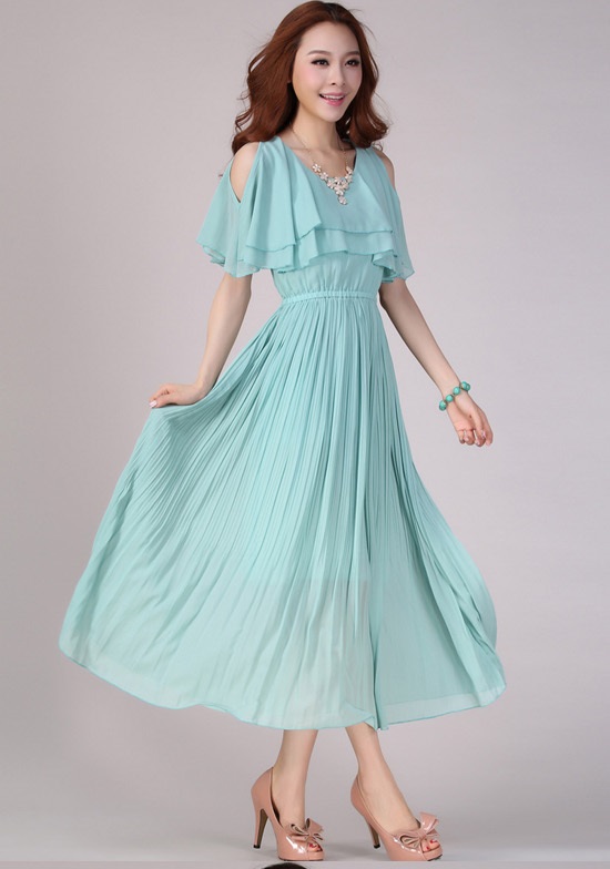  Dress Sea bubble skirt flared gently pressed petals open shoulders show a yellow / blue.