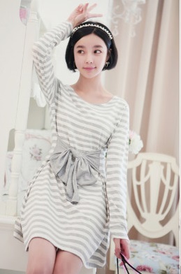  Striped cotton dress with small bow waist dress gray.