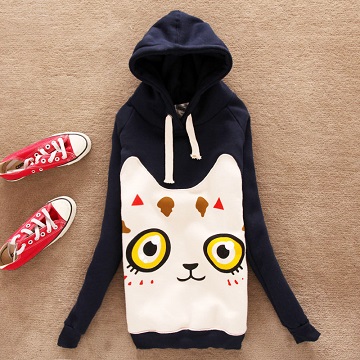  Korean fashion sweater Printed with cute cat hood (blue / gray / white).