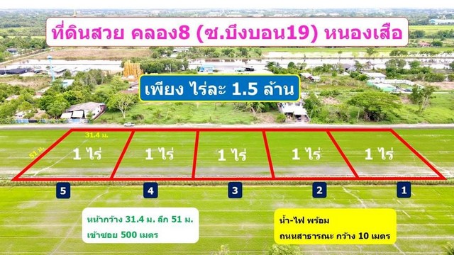 ที่ดินทำเลดี 1 ไร่ เพียงไร่ละ 1.5 ล้าน ซ.บึงบอน 19 คลอง 8 หนองเสือ ปทุมธานี