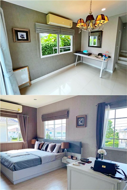 เฟอร์ครบ RIS School คฤหาสน์หรู MRT มีนบุรี 1.8 กม ถ.ร่มเกล้า 6  บ้าน 2 ชั้น 3นอน 2น้ำ 244 ตร.ม. 60ตร.วา. ให้เช่า 4แอร์ ติดสวนหย่อม 4 แอร์