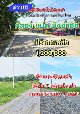 คลอง 8 บึงชำอ้อ ปทุมธานี โฉนดพร้อมโอน ไฟฟ้า 3 เฟส ประปา พร้อม ใกล้แหล่งชุมชน