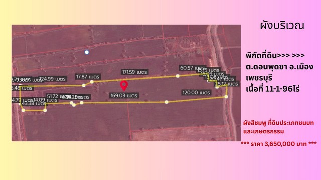 ขาย! ที่ดินใกล้ถนนเพชรเกษม จ.เพชรบุรี  แปลงใหญ่ 11-1-96 ไร่ ผังสีชมพู !รหัสทรัพย์ที่ C25051รายละเอียดทรัพย์ Property Detail:- ที่ดินเปล่า จ.เพชรบุรี ขายยกแปลง เนื้อที่ 11-1-96ไร่ - หน้ากว้าง 50ม. ลึก 413.5 ม.- ห่างถนนเพชรกษม เพียง 1.69 กม. - ที่ดินผังสีชมพูเหมาะสำหรับทำการเกษตร มีแหล่งน้ำตลอดปี หรือการใช้ชีวิตที่เรียบง่าย ไม่ไกลเมือง น้ำไม่ท่วม ทำบ้านสวนวัยเกษียณ/บ้านพักตากอากาศ /บ้านเช่า/รีสอ