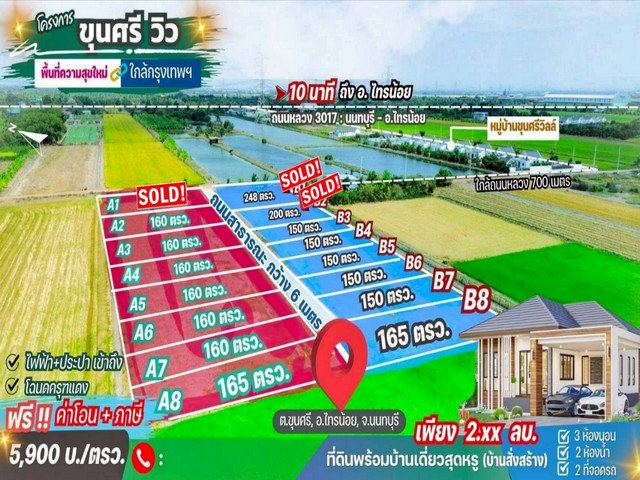 ####ถูกที่สุดในย่านนี้ ที่ดิน ขุนศรี-ไทรน้อย จ.นนทบุรี###เหมาะสำหรับสร้างบ้าน,สร้างบ้านขาย,บ้านวัยเกษียณ,ลงทุนเก็งกำไรน้ำประปา-ไฟฟ้า 3เฟสพร้อม ใกล้BigC ไทรน้อยเพียง 9 กม.ใกล้ชุมชน ,มีหมู่บ้านล้อมรอบ ร้านอาหาร คาเฟ่$$$$สถานที่ใกล้เคียง$$$- BigC ไทรน้อย  9 กม.- วัดไทรใหญ่     6 กม.- 7-11         5 กม.- โรงเรียนไทรน้อย 6 กม.- วัดคลองเจ้า    8 กม. -ตลาดน้ำไทรน้อย 6 กม.-เซ็นทรัลเวสต์เกต 28 กม.- คาเฟ่ ดูบัว    14