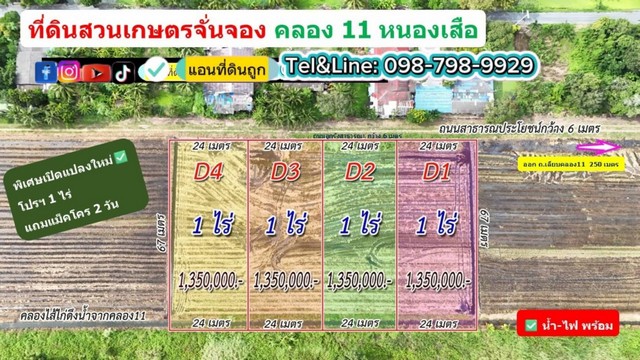 ที่ดินราคาถูกคลอง 11 หนองเสือ 1 ไร่ 1.35 ล้าน ไฟฟ้า-ประปาพร้อม
