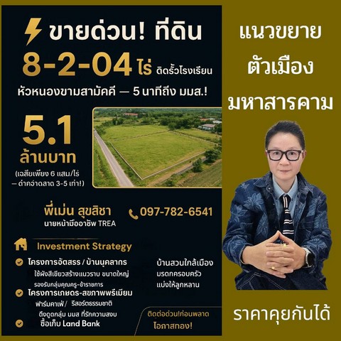 ที่ดิน  8-2-04 ไร่ ติดรั้วโรงเรียน หัวหนองขามสามัคคี  5 นาทีถึง มมส.   ราคาเจ้าของขายเอง 5.1 ล้านบาท