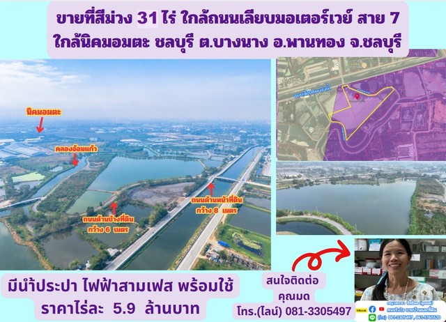 ขายที่ดินผังเมืองสีม่วง สร้างโรงงาน . โกดัง เนื้อที่  31 ไร่ 2 งาน ที่ดินมีไฟฟ้าสามเฟสและ ประปาภูมิภาค ผ่านหน้าแปลงที่ดินพร้อมใช้ มีหน้ากว้างติดถนนสาธารณะรวม  500  กว่าเมตร ถนนหน้าแปลงที่ดินกว้าง         8 เมตร รถเทรลเลอร์วิ่งสะดวกด้านท้ายแปลงที่ดินติด คลองอ้อมแก้ว คลองนี้มีขนาดใหญ่มาก มีความกว้าง ประมาณ 25 เมตร มีน้ำตลอดทั้งปี ปัจจุบันที่ดินเป็น  บ่อเลี้ยงปลาตำแห