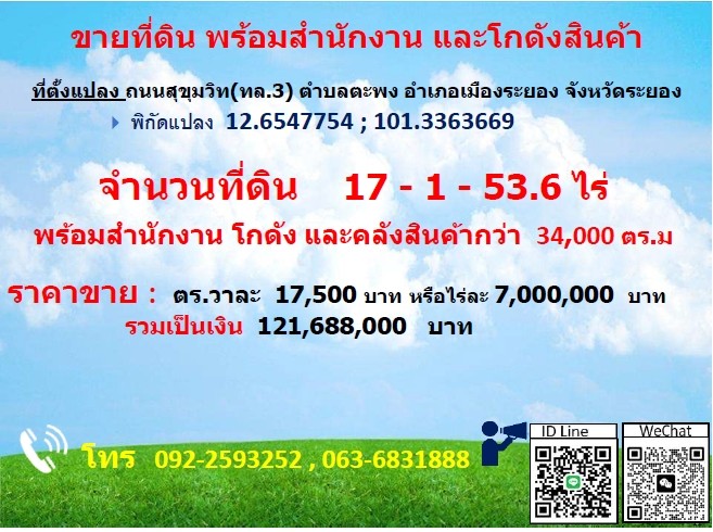 ขายที่ดิน พร้อมสำนักงานและโกดังสินค้า 17 ไร่ 1 งาน 53.6 ตารางวา จังหวัดระยองที่ตั้ง :  ถนนสุขุมวทิ (ทล.3) ตำบลตะพง อำเภอเมอืงระยอง จังหวัดระยองจำนวนที่ดิน :  17 ไร่ 1 งาน 53.6 ตารางวารายละเอียดโกดัง และคลังสินค้าขายที่ดิน พร้อมสำนักงานและโกดังสินค้าราคาขาย : ตร.วาละ 17,500 บาท หรอื ไร่ละ 7,000,000 บาทรวมเป็ นเงนิ 121,688,000 บาทสนใจติดต่อ092-2593252 , 063-6831888