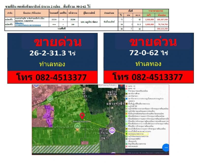 ขายที่ดิน ขนาดพื้นที่ดิน 98 ไร่ 2 งาน 62 ตารางวา จังหวัดสมุทรสาครที่ตั้ง : ตำบลพันท้ายนรสิงห์ อำเภอเมืองสมุทรสาคร จังหวัดสมุทรสาครhttps://maps.app.goo.gl/VoeGvaWakf9FENAZ7ขนาดพื้นที่ดิน 98 ไร่ 2 งาน 62 ตารางวารายละเอียดขายที่ดินแปลงพนั ท้ายนรสิงห์จา นวน 2 แปลงแปลงที่1 พื้นที่ดิน 26-2-31.20 ไร่ ขายไร่ละ 3.0 ล้านบาทแปลงที่2 พื้นที่ดิน 70-0-62 ไร่ ขายไร่ละ 2.5 ล้านบาทสถานที่ใกล้เคียง-วัดและศาลพันท้ายนรสิงห์ 1.5 