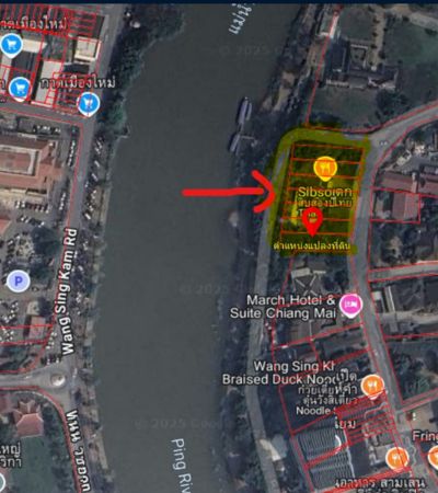 ขาย 85 ล้านบาทที่ดิน 616 ตร.ว. ติดแม่น้ำปิงย่านวัดเกต–เจริญราษฎร์เหมาะสำหรับ Boutique Hotel, Luxury Riverside Residence, Restaurant หรือ Mixed-use Project.รายละเอียดทรัพย์✷ ขนาดที่ดินรวม 616 ตารางวา(7 โฉนด โฉนดละ 88 ตารางวา)✷ หน้ากว้างประมาณ 60 เมตร ลึก 40 เมตร✷ มีสิ่งปลูกสร้างบนที่ดิน✷ ที่อยู่: 239 ถนนเจริญราษฎร์ ต.วัดเกต อ.เมืองเชียงใหม่ 50000.ทำเล: โซนวัดเกต – เจริญราษฎร์ ริมแม่น้ำปิง.จุดเด่นที่หาไม่ได้อีกแล้ว- ที่ดินติ
