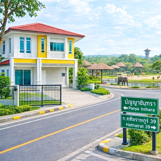 ใกล้ โรงเรียนสาธิตพัฒนา ซาฟารีเวิลด์ บ้านเดี่ยว 2 ชั้น ขนาด 70 ตร.ว.ถนนปัญญาอินทราและทางด่วน  หทัยราษฎร์39 บ้านเดี่ยวให้เช่า 3 ห้องนอน 3 ห้องน้ำ 20,998B-M280 ตร.ม. เฟอร์นิเจอร์ครบ แอร์ทั้งหลัง near Satit Pattana School Safari World 2Storey  House Land  70sq.w.PanyaIndra Rd. Expressway Hathairat39 House for Rent 3Beds 3Baths 21,999B-M 280sq.m. Fully Furnished Air Conditioners in Every Room Large Front Yard Multiple Parking Spaces Quiet and Green Community Convenient Access to ถนนปัญญาเนเชอรัลปาร์ค แขวงสามวาตะวันตก เขตคลองสามวา กรุงเทพมหานคร 10510ขนาด 70 ตร.�