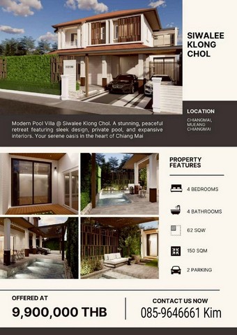 พูลวิลล่าสุดหรู เพียง 9.9 ล้าน #สีวลี #คลองชล ทำเลพรีเมียม #แม่เหียะ ใกล้เมือง #ใกล้สนามบิน พร้อมอยู่ บ้านในโครงการคุณภาพ บรรยากาศสงบ เป็นส่วนตัว แต่เดินทางเข้าเมืองสะดวกรายละเอียดบ้านที่ดินขนาด 62 ตร.วาพื้นที่ใช้สอย 150 ตร.ม.4 ห้องนอน4 ห้องน้ำสระว่ายน้ำส่วนตัวFully Furnished ตกแต่งครบ พร้อมเข้าอยู่ดีไซน์ทันสมัย โปร่ง โล่ง อยู่สบายราคาพิเศษเพียง 9.9 ล้านบาทกำหนดแล้วเสร็จ: ส