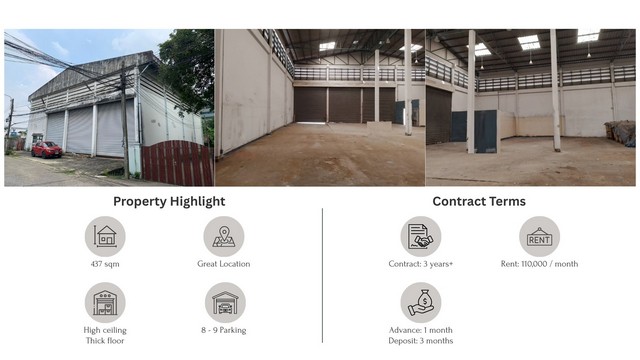 ให้เช่าโกดัง437ตร.ม.เหมาะสำหรับยิมฟิตเนสโชว์รูมสินค้าร้านอาหารขนาดใหญ่ย่านแจ้งวัฒนะหลักสี่ใกล้MRT ศูนย์ราชการ MRT แจ้งวัฒนะ 14 ผังเมืองสีแดงราคาเช่า 110,000 บาท / เดือน ( ชำระล่วงหน้า 1 เดือน ประกัน 3 เดือน สัญญาครั้งละ 3 ปี )ที่ตั้ง ถ.แจ้งวัฒนะ ซอยแจ้งวัฒนะ เขตหลักสี่ แขวงทุ่งสองห้อง กรุงเทพมหานคร 10210https://www.facebook.com/profile.php?id=61581484955548ติดต่อ : คุณภัสพงณ์ 0634098164Line : binkem22เนื้อที่ 151 ตารางวา จำนวน 1 �