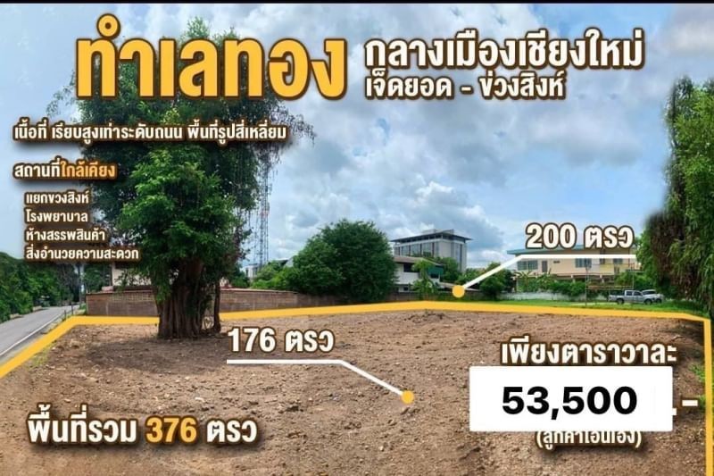 ขายที่ดิน 376ตรว. 20.116ลบ. สาธารณูปโภค ทำเลทองเจ็ดยอด-ข่วงสิงห์ ต.ช้างเผือก อ.เมือง เชียงใหม่ขายที่ดินเปล่า 376 ตารางวา ๆ ละ 53,500บาท บาท ตำบลช้างเผือก อำเภอเมือง จังหวัดเชียงใหม่ตาราวาละ 53,500บาท เนื้อที่ 376 ตรว.รวมราคาขาย 20,116,000 บาท โอนคนละครึ่งทำเลทอง กลางแหล่งรวมธุรกิจ เหมาะทำธุรกิจ หอพัก คอนโดไม่ควรมองข้าม ที่ดินเปล่าถูกกว่าราคาตลาด ทำเลทอง กลางเมืองเชียงใหม่ เจ็ดยอด-�