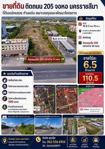 ขายที่ติดถนนใหญ่สุรนารายณ์  ขายที่ติดถนน205​ ทำเลศักยภาพสูง เหมาะสำหรับนักลงทุนที่มองหาที่ดินเพื่อพัฒนาโครงการในอนาคต