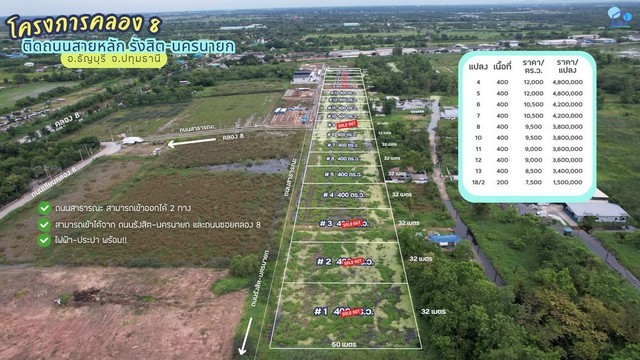 ขายที่ดินคลอง 8 ติดถนนสายหลักรังสิต–นครนายก จังหวัดปทุมธานี แปลง 10 ทำเลศักยภาพในโซนที่มีการพัฒนาอย่างต่อเนื่อง เหมาะสำหรับนักลงทุนหรือผู้ประกอบการที่ต้องการที่ดินคุณภาพสำหรับต่อยอดธุรกิจหรือถือครองระยะยาวที่ดินอยู่ในโซนที่รายล้อมด้วยอาคารและโกดัง พร้อมสาธารณูปโภคครบ เข้าออกได้ 2 ทาง และสามารถเริ่มพัฒนาได้ทันทีรายละเอียดที่ดิน- แปลง 10- เนื้อที่ 400 