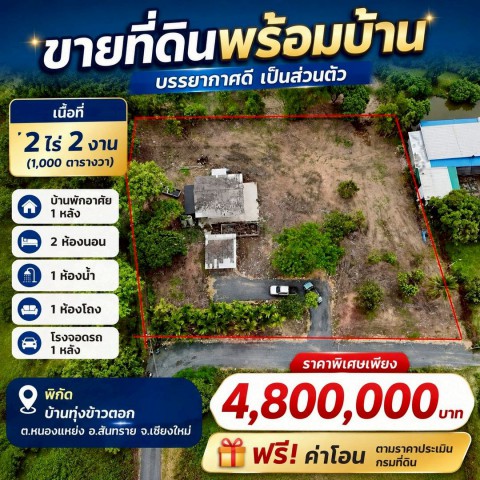 ราคาคุ้มที่สุด เพียง 4.8 ล้าน #โซนสันทราย บ้าน+สวน 2.5 ไร่ เข้าอยู่ได้ทันที เหมาะสำหรับอยู่อาศัย ทำบ้านสวน คาเฟ่ โฮมสเตย์ หรือซื้อเก็บเพื่อการลงทุน เพราะอยู่ใกล้แนวถนนตัดใหม่ #วงแหวนรอบ4 มีศักยภาพเติบโตในอนาคตรายละเอียดทรัพย์เนื้อที่ 2 ไร่ 2 งาน (1,000 ตารางวา)บ้านพักอาศัย 1 หลัง2 ห้องนอน1 ห้องน้ำ1 ห้องโถงโรงจอดรถ 1 หลังที่ดินหันหน้าทิศตะวันออกเฉียงใต้มีน้ำประปาและไ�