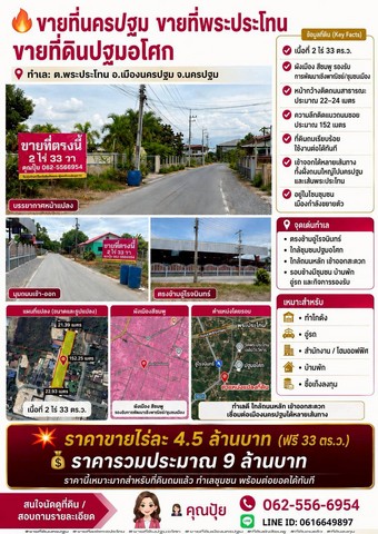 ขายที่นครปฐม ขายที่พระประโทน  ขายที่ดินปฐมอโศก ทำเล: ต.พระประโทน อ.เมืองนครปฐม จ.นครปฐม-เนื้อที่ 2 ไร่ 33 ตร.ว.-ผังเมือง สีชมพู รองรับการพัฒนาเชิงพาณิชย์/ชุมชนเมือง-หน้ากว้างติดถนนสาธารณะประมาณ 22–24 เมตร-ความลึกติดแนวถนนซอยประมาณ 152 เมตร-ที่ดินถมเรียบร้อย ใช้งานต่อได้ทันที- เข้าออกได้หลายเส้นทางห่างถนนเพชรเกษม2กม.และเส้นพระประโทน1กม-อยู่ในโซนชุมชน เมืองกำลังขย�