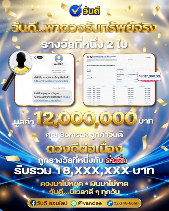 ชี้ช่องรวยสมัครและสั่งซื้อได้ที่Line ID &nbsp;: @vandeeTel. : 02-246-666-6Website &nbsp;: https://vandeelottery.comFB : www.facebook.com/vandeeonlineTikTok : www.tiktok.com/@vandeeonlineYT : https://youtube.com/@vandeeonlineIG : www.instagram.com/vandee.online