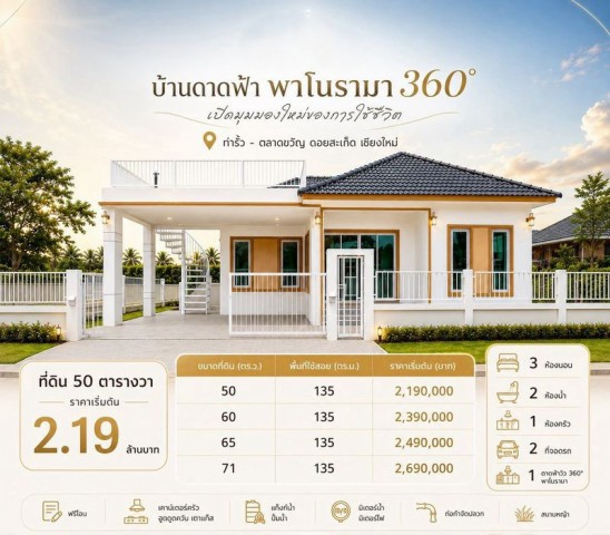 ขายบ้านเดี่ยวสร้างใหม่ พร้อมดาดฟ้าวิวพาโนรามา 360 องศา ตลาดขวัญ–ดอยสะเก็ด เชียงใหม่ ราคาเริ่มต้นเพียง 2.19 ล้านบาท ฟรีค่าโอนกรรมสิทธิ์ตามราคาซื้อขายบ้านเดี่ยวสร้างใหม่ ดีไซน์ทันสมัย พร้อมพื้นที่ดาดฟ้าขนาดกว้าง สามารถชมวิวแบบพาโนรามาได้รอบทิศทาง เหมาะสำหรับจัดมุมนั่งเล่น พื้นที่พักผ่อน หรือสวนดาดฟ้าส่วนตัวตั้งอยู่ในโซนตลาดขวัญ–ดอยสะเก็ด จังหวัดเชี�