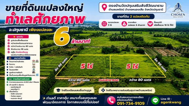 ขายที่ดินแปลงใหญ่ ทำเลศักยภาพ จ.ปทุมธานี เพียงแปลงละ 6 ล้านบาท! ตรงข้ามวัดปทุมเสริมรังสีวัฒนาราม ตำบลนพรัตน์ อำเภอหนองเสือ จังหวัดปทุมธานี ขายที่ดิน 2 แปลงติดกัน ขนาดแปลงละ 5 ไร่ ราคาเพียง แปลงละ 6 ล้านบาท ซื้อแยกได้ หรือซื้อรวม 10 ไร่ ก็ได้━━━━━━━━━━━━━━━ จุดเด่น รูปแปลงสี่เหลี่ยมสวย หน้าแปลงติดถนนสาธารณะ หน้ากว้างประมาณ 80 เมตร ลึกประมาณ 98 เมตร อยู่ใน ผังเมือ�