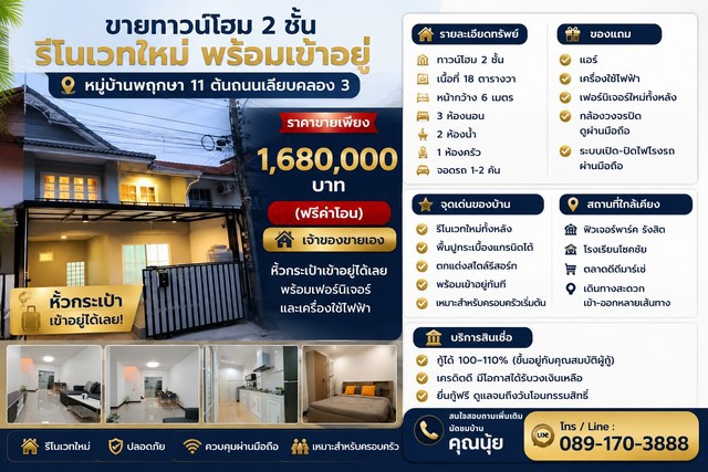 ขายทาวน์โฮม 2 ชั้น รีโนเวทใหม่ พร้อมเข้าอยู่หมู่บ้านพฤกษา 11 ต้นถนนเลียบคลอง 3ตำบลคลองสาม อำเภอคลองหลวง จังหวัดปทุมธานีราคาขายเพียง 1,680,000 บาท (ฟรีค่าโอน)(เจ้าของขายเอง)หิ้วกระเป๋าเข้าอยู่ได้เลย พร้อมเฟอร์นิเจอร์และเครื่องใช้ไฟฟ้ารายละเอียดทรัพย์- ทาวน์โฮม 2 ชั้น- เนื้อที่ 18 ตารางวา- หน้ากว้าง 6 เมตร- 3 ห้องนอน- 2 ห้องน้ำ- 1 ห้องครัว- จอดรถ 1-2 คันของแถม- แอร์- เครื่องใช้ไ�