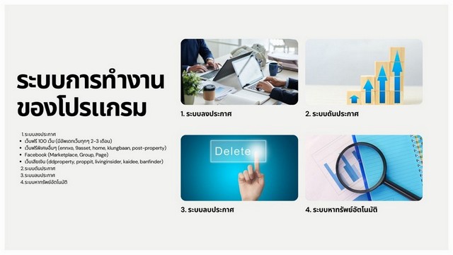 ขายโปรแกรมลงประกาศอสังหา เพิ่มการเข้าถึงลูกค้า ด้วยระบบลงประกาศอสังหาฯ ที่กระจายอัตโนมัติกว่า 100 เว็บ# โปรแกรมลงประกาศอสังหาริมทรัพย์อัตโนมัติ สำหรับนายหน้าอสังหาริมทรัพย์ลงประกาศเพียงครั้งเดียว กระจายประกาศอัตโนมัติกว่า 100 เว็บไซต์ ช่วยเพิ่มการมองเห็น เข้าถึงผู้สนใจได้มากขึ้น ลดเวลาในการลงประกาศซ้ำหลายเว็บไซต์ และเพิ่มโอกาสในการปิดการขาย## ทำไม�