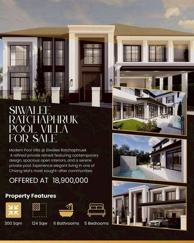 Pre-Sale 18.9 ล้าน 124 ตรว. Pool Villa หรู #สีวลี #ราชพฤกษ์ #โซนแม่เหียะ บ้านเดี่ยว 2 ชั้น พร้อมสระว่ายน้ำส่วนตัว ดีไซน์ครบ ฟังก์ชันจัดเต็ม เหมาะสำหรับครอบครัวใหญ่ขนาดที่ดิน 124 ตร.วาพื้นที่ใช้สอย 300 ตร.ม.5 ห้องนอน1 ห้องนอนแม่บ้าน7 ห้องน้ำ2 ห้องนั่งเล่นครัวฝรั่ง + Island + โต๊ะทานอาหารครัวไทยแยกเป็นสัดส่วนห้องซักผ้า + ห้องเก็บของสระว่ายน้ำส่วนตัว ขนาด 6.60 x 3.10 เมตร พร้อมบ่อ Jacuzziที่จอดรถ 4 คันราค�