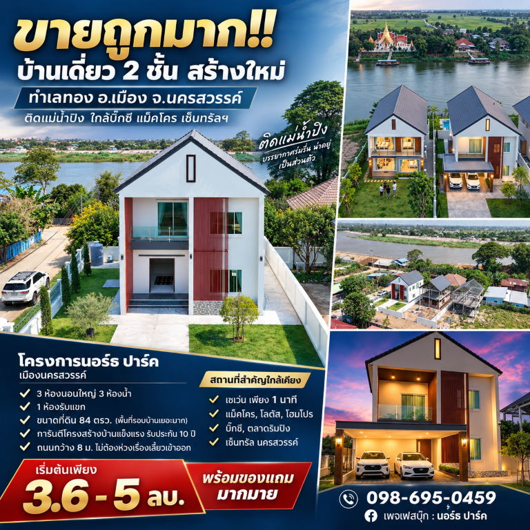 ขายถูกมาก!! บ้านเดี่ยว 2 ชั้น สร้างใหม่ ทำเลทอง อ.เมือง จ.นครสวรรค์ ติดแม่น้ำปิง ใกล้บิ๊กซี แม็คโคร เซ็นทรัลฯเดินทางสะดวกสบาย เข้า-ออก ได้หลายเส้นทาง หาของกินง่าย ใกล้ตลาด เซเว่น ร้านค้า ร้านอาหารมากมายบ้านเดี่ยว 2 ชั้น สร้างใหม่โครงการนอร์ธ ปาร์ค เมืองนครสวรรค์- แบบบ้านนอร์ดิก- 3 ห้องนอนใหญ่ 3 ห้องน้ำ- 1 ห้องรับแขก- ขนาดที่ดิน 84 ตรว. (พื้นที่รอบบ้านเยอะมาก)- ติดแม่น