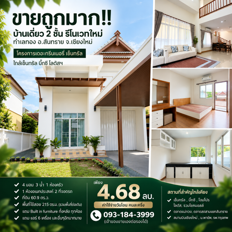 ขายถูกมาก!! บ้านเดี่ยว 2 ชั้น รีโนเวทใหม่ ทำเลทอง อ.สันทราย จ.เชียงใหม่ ใกล้เซ็นทรัล บิ๊กซี โลตัสฯเดินทางสะดวกสบาย เข้า-ออก ได้หลายเส้นทาง หาของกินง่าย ใกล้ตลาด เซเว่น ร้านค้า ร้านอาหารมากมายบ้านเดี่ยว 2 ชั้น สไตล์ล้านนาประยุกต์ รีโนเวทใหม่โครงการเดอะกรีนเนอรี่ เซ็นทรัล- 4 ห้องนอน 3 ห้องน้ำ 1 ห้องครัว&nbsp;- 1 ห้องอเนกประสงค์ 2 ที่จอดรถ- ขนาดที่ดิน 60.9 ตร.ว.&nbsp;- พื้นที่ใช้ส