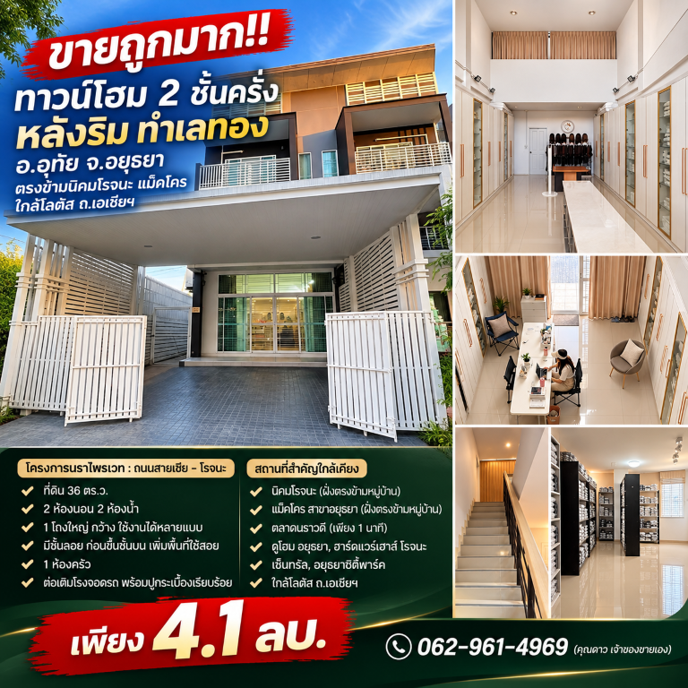 ขายถูกมาก!! ทาวน์โฮม 2 ชั้นครึ่ง หลังริม ทำเลทอง อ.อุทัย จ.อยุธยา ตรงข้ามนิคมโรจนะ แม็คโคร ใกล้โลตัส ถ.เอเชียฯเดินทางสะดวกสบาย เข้า-ออก ได้หลายเส้นทาง หาของกินง่าย ใกล้ตลาด เซเว่น ร้านค้า ร้านอาหารมากมาย(เจ้าของขายเอง)ทาวน์โฮม 2 ชั้นครึ่ง หลังริมโครงการนราไพรเวท : ถนนสายเชีย - โรจนะ- ขนาดที่ดิน 36 ตารางวา- 2 ห้องนอน 2 ห้องน้ำ- 1 โถงใหญ่ กว้าง ใช้งานได้หลายแบบ- มีชั้นลอย