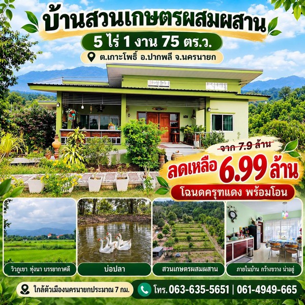 สนใจมาเที่ยวชมโทร ติดต่อ นกได้หลายช่องทางนะคะโทร. 061-494-9665โทร. 063-635-5651 (เบอร์นี้ไลน์เต็มค่ะ)ไลน์ไอดี : @nyland789(ไลน์คลิ๊กแล้วทักมาได้เลยค่ะ) https://lin.ee/R8sP0rj____________________________ลดเกือบล้าน! บ้านสวนเกษตรผสมผสาน 5 ไร่กว่า ใกล้ตัวเมืองนครนายกเพียง 7 กม.จากราคา 7.9 ล้านบาทลดเหลือเพียง 6.99 ล้านบาทต.เกาะโพธิ์ อ.ปากพลี จ.นครนายกโฉนดครุฑแดง พร้อมโอนแปลงนี้เหมาะมากสำหรับคนที่ฝันอยากมีบ้านสวนกว้าง ๆ