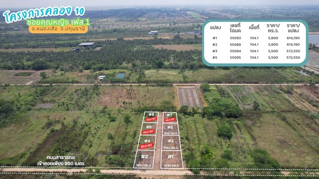 ที่ดินโครงการคลอง 10 ซอยคุณหญิง เฟส 3 อำเภอหนองเสือ จังหวัดปทุมธานี บรรยากาศเปิดโล่ง เหมาะสำหรับสร้างบ้าน ทำพื้นที่ส่วนตัว หรือถือครองระยะยาวรายละเอียดที่ดิน- เฟส 3 แปลง C- เลขที่โฉนด 9594- เนื้อที่ 760 ตารางวา- ราคา 2400 บาท/ตร.ว.- ราคาขายรวม 1824000 บาท- ติดถนนคอนกรีตสาธารณะและอยู่ใกล้คลองแอล- ถนนเลียบคลอง 10 ห่างจากถนนรังสิต-นครนายกประมาณ 2.8 กม.จุดเด่น- ทำเลคลอง 10 อำเภอหนองเสื�