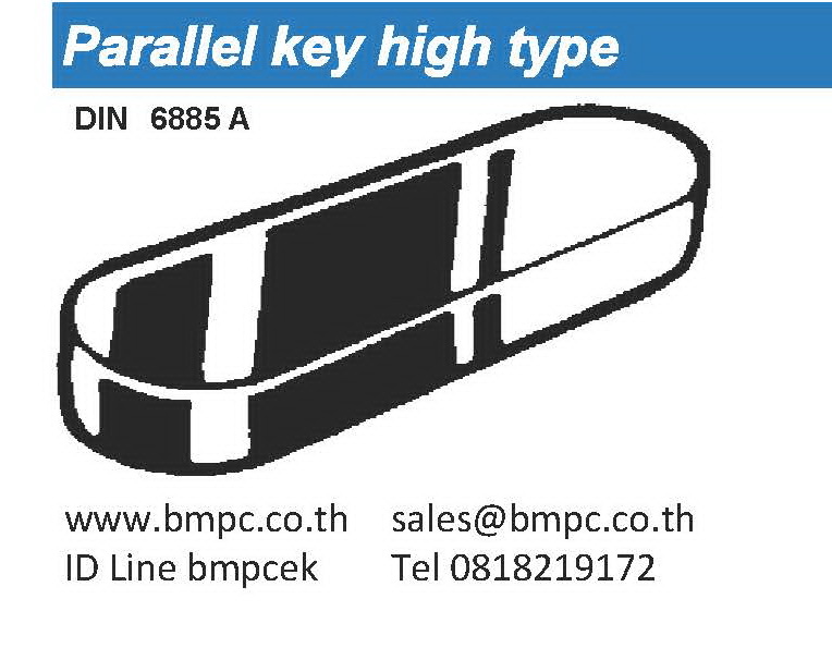 Parallel Key high type  Standard : DIN6885A,&nbsp; ISO 773  Material : Steel C45K, Stainless steel 316  &nbsp;  Size&nbsp;   2x2 Length 6-40 mm.&nbsp;&nbsp;&nbsp;&nbsp;&nbsp;&nbsp;&nbsp;&nbsp;&nbsp;&nbsp; 3x3 Length 6-40 mm.  4x4 Length 6-50 mm.&nbsp;&nbsp;&nbsp;&nbsp;&nbsp;&nbsp;&nbsp;&nbsp;&nbsp;&nbsp; 5x5 Length 10-80 mm.  6x6 Length 10-100 mm.&nbsp;&nbsp;&nbsp;&nbsp;&nbsp;&nbsp; 8x7 Length 10-180 mm.  10x8 Length 16-180 mm.&nbsp;&nbsp;&nbsp;&nbsp; 12x8 Length 20-180 mm.  14x9 Length 25-180 mm.&nbsp;&nbsp;&nbsp;&nbsp; 16x10 Length 30-200 mm  18x11 Length 40-200 mm.&nbsp;&nbsp; 20x12 Length 40-220 mm  22x14 Length 50-250 mm.&nbsp;&nbsp; 25x14 Length 63-280 mm  28x16 Length 63-320 mm.&nbsp;&nbsp; 32x18 Length 70-360 mm  36x20 Length 80-400 mm.&nbsp;&nbsp; 40x22 Length 80-400 mm  45x25 Length 100-400 mm. 50x28 Length 125-400 mm  &nbsp;  &nbsp;&nbsp;&nbsp;&nbsp; ฝ่ายขายติดต่อ&nbsp; เอก 0818219172 , อร