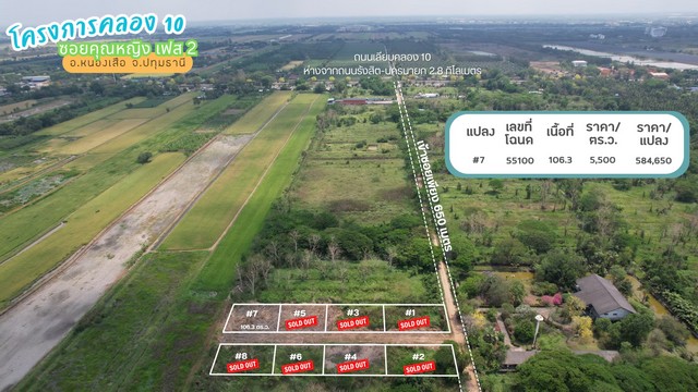 ที่ดินโครงการคลอง 10 ซอยคุณหญิง เฟส 1 อำเภอหนองเสือ จังหวัดปทุมธานี บรรยากาศเปิดโล่ง เหมาะสำหรับสร้างบ้าน ทำพื้นที่ส่วนตัว หรือถือครองระยะยาวรายละเอียดที่ดิน- เฟส 1 แปลง #1- เลขที่โฉนด 55093- เนื้อที่ 104.1 ตารางวา- ราคา 5900 บาท/ตร.ว.- ราคาขายรวม 614190 บาท- ถนนสาธารณะเข้าซอยประมาณ 950 เมตร- ถนนเลียบคลอง 10 ห่างจากถนนรังสิต-นครนายกประมาณ 2.8 กม.จุดเด่น- ทำเลคลอง 10 อำเภอหนองเสือ จังหวัด�